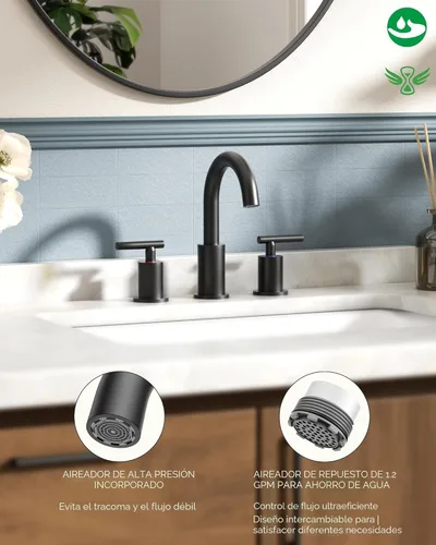 Miniatura 2 de FORIOUS Grifo de baño negro de 3 agujeros, 8 pulgadas, grifo de lavabo de baño negro mate generalizado con boquilla giratoria de 360°, adecuado