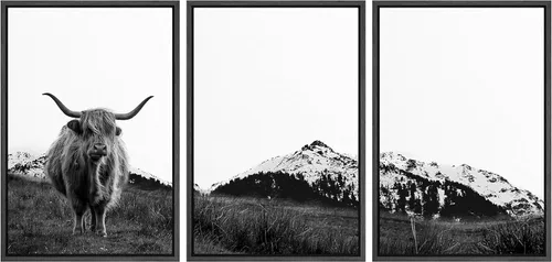 SIGNWIN Lienzo enmarcado de 3 piezas de arte para la pared, diseño de ganado de las tierras altas frente a la montaña nevada, duotono en blanco y