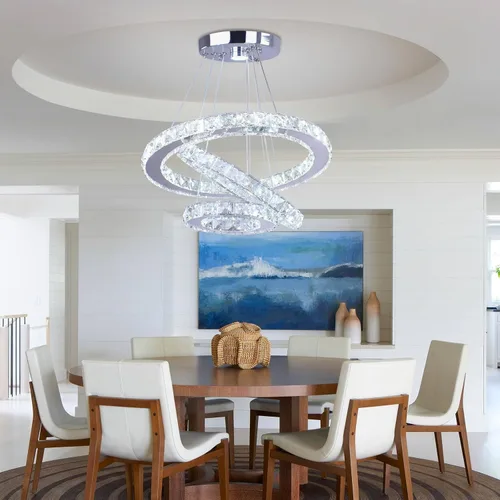 Miniatura 2 de Candelabro LED de cristal con iluminación regulable LED moderna lámpara de techo de 3 anillos ajustable de acero inoxidable para dormitorios y sala