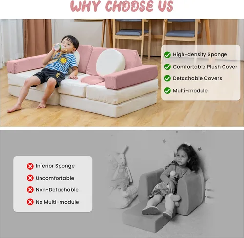 Miniatura 8 de Sofá modular de juego para niños de 13 piezas con funda de terciopelo lavable, sofá modular para niños y niñas, espuma convertible y cojín de suelo