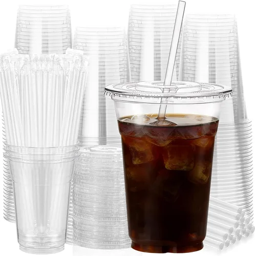 100 juegos de vasos de plástico transparente de 16 onzas con tapas y pajitas, BPA libre y a prueba de fugas, vasos desechables de plástico para café