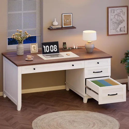Miniatura 10 de GAOMON Escritorio ejecutivo de madera de 54.5 pulgadas con cajones, mesa de computadora de oficina con estación de carga, escritorio de oficina