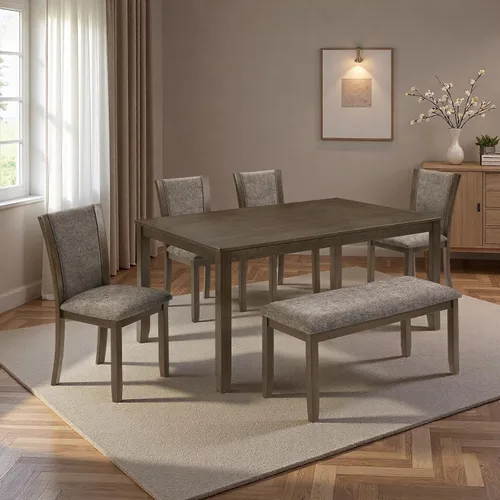 Miniatura 13 de Juego de mesa de comedor para 4, juego de mesa de comedor de 5 piezas con mesa cuadrada y 4 sillas tapizadas de tela de lino, modernos