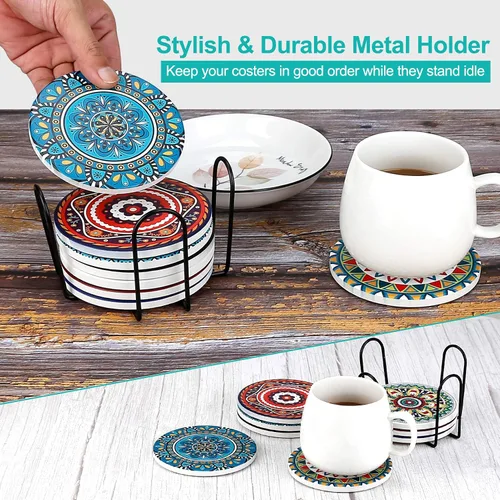 Miniatura 7 de Juego de 8 posavasos absorbentes de piedra para mesa de madera, mandala de cerámica con base de corcho, regalo para inauguración de la casa