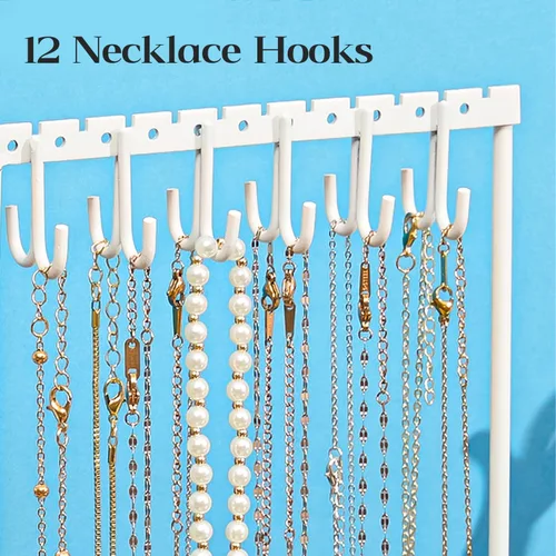 Miniatura 8 de X-cosrack Soporte para aretes, organizador de joyas de 5 niveles con bandeja de madera, 132 agujeros, blanco + natural