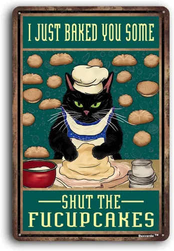 Miniatura 8 de Letrero retro de aluminio de 8 x 12 pulgadas con diseño de gato con texto en inglés «Coffee Because Murder Is Wrong», letreros de cocina de metal