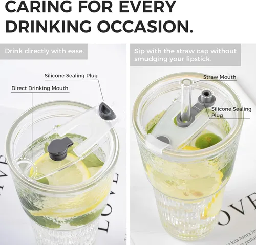 Miniatura 9 de Vasos de vidrio de 20 onzas con tapas y popotes: vaso de café helado con tapas, vasos gruesos reutilizables acanalados para llevar, vasos Matcha 2