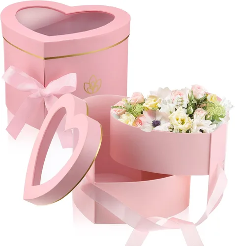 Nuanchu 2 cajas de flores en forma de corazón para el día de la madre con ventana transparente, cajas florales de papel con tapas, cintas de doble