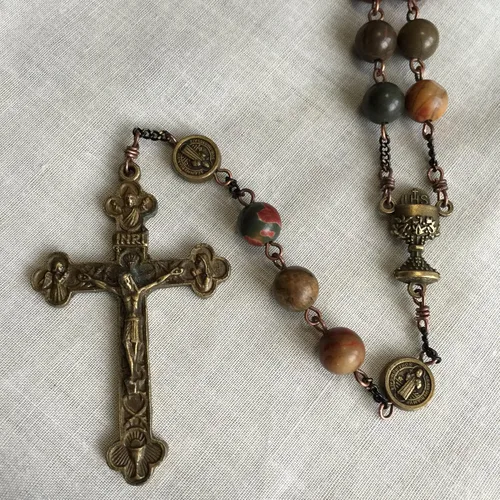 Miniatura 4 de elegantmedical Collar de cruz de regalo de rosario católico hecho a mano con 5 cuentas de piedra picasso para la primera comunión, elegantmedical