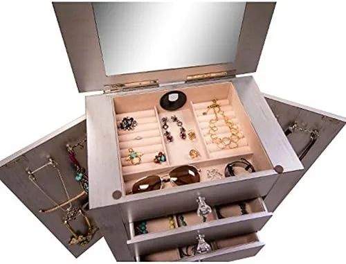 Miniatura 7 de Hives and Honey Kimberly Jewelry Armoire Moderno organizador de almacenamiento plateado con cajones divididos y ganchos para collares, diseño
