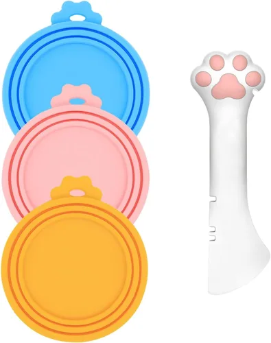 Miniatura 9 de Cuchara para Latas de Comida para Mascotas y 3 Tapas para Latas Espátula Abridor con Forma de Pata Linda Cuchara para Comida Húmeda de Gato Gris
