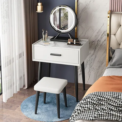 Miniatura 9 de Juego de mesa de tocador con espejo de brillo ajustable y taburete acolchado, mesa de maquillaje con cajón grande para mujeres, niñas pequeñas Gris