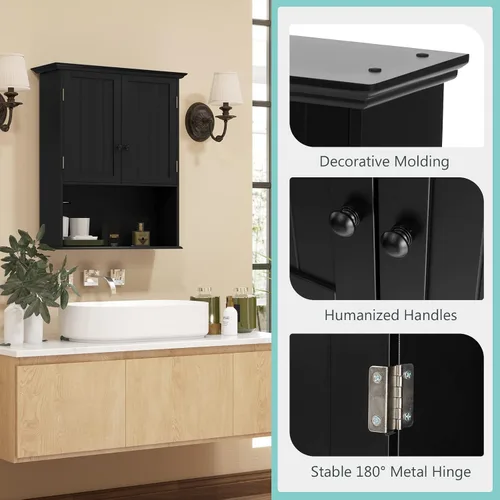 Miniatura 5 de COSTWAY Armario de baño montado en la pared, armario de almacenamiento sobre el inodoro con puertas dobles y estante ajustable, botiquín colgante