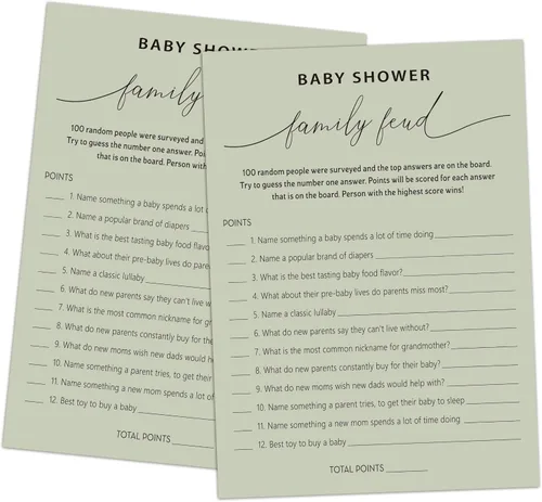 Miniatura 27 de Family Feud - Juego de baby shower, paquete de 30 tarjetas, clave de respuestas, decoraciones de género neutro, suministros de juego