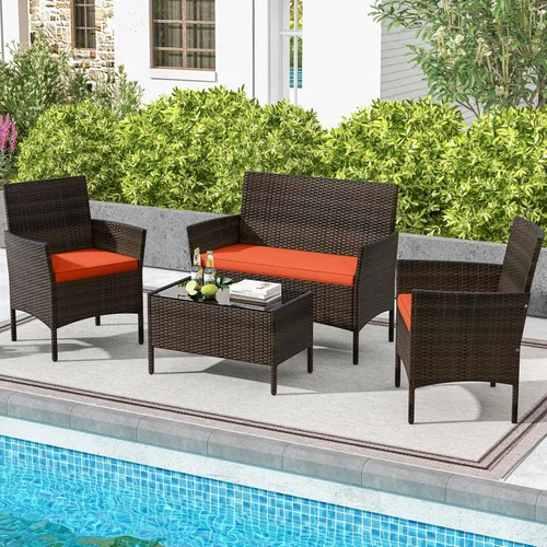 Miniatura 7 de DORTALA Juego de muebles de mimbre para patio, 4 piezas, mesa y sillas de ratán de polietileno para exteriores con mesa de centro de vidrio Naranja