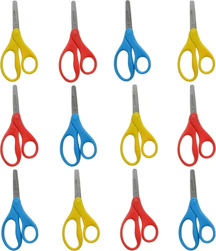 Westcott Tijeras para niños de 5 pulgadas, romas, paquete de 12 (4 amarillas, 4 rojas, 4 azules)