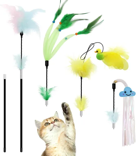 Miniatura 8 de SONGWAY Varita de juguete para gatos – Juguete de varita de gato con 4 piezas de repuesto de juguete de plumas de insecto, juguetes interactivos