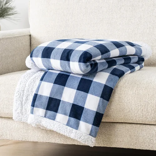 Miniatura 3 de PAVILIA Manta Sherpa de cuadros búfalo blancos y azul marino para sofá, tamaño individual, manta de franela suave y esponjosa para cama, manta