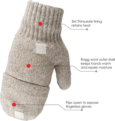 Miniatura 3 de Illinois Glove Company 360 Rag Wool Glomitt Flip Mitten 3M Thinsulate Forrado Tan