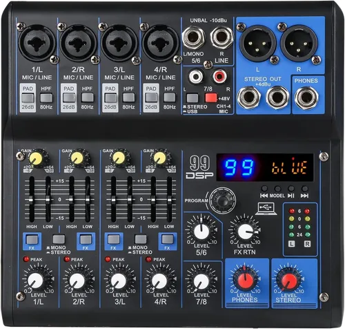 Miniatura 20 de Mezcladores DJ jindaaudio Consola de Mezcla de Audio de 8 Canales con Bluetooth, Interfaz de Audio USB con Alimentación Fantasma de 48V, Mesa