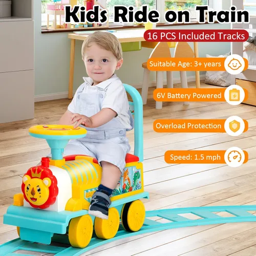 Miniatura 8 de Honey Joy - Tren para montar con 16 piezas de pistas, juguete eléctrico alimentado por batería de 6V para niños, luces intermitentes y música, Azul