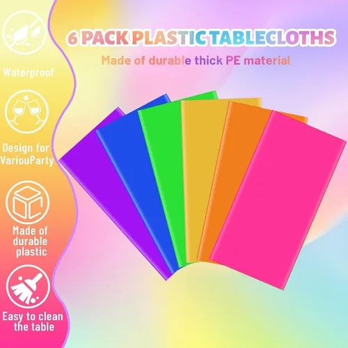 Miniatura 3 de Paquete de 6 manteles de neón desechables de plástico arcoíris para decoraciones de fiestas, suministros de cumpleaños y bodas (color neón)