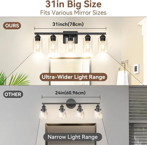 Miniatura 6 de Lámparas de baño de 5 luces negras mate, lámpara de tocador moderna de 31 pulgadas para baño, luces de tocador de baño sobre espejo con pantallas