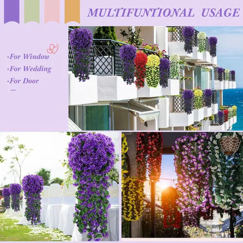 Miniatura 3 de Paquete de 10 guirnaldas de flores artificiales colgantes para boda, ceremonia, pared, hogar, fiesta, jardín, decoración al aire libre (morado)