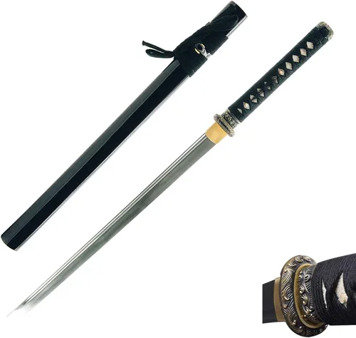 HMS Espada samurai wakizashi japonesa, tsuba ondulada, forjada a mano, acero al carbono 1045, vaina de madera negra, afilada, lista para la batalla
