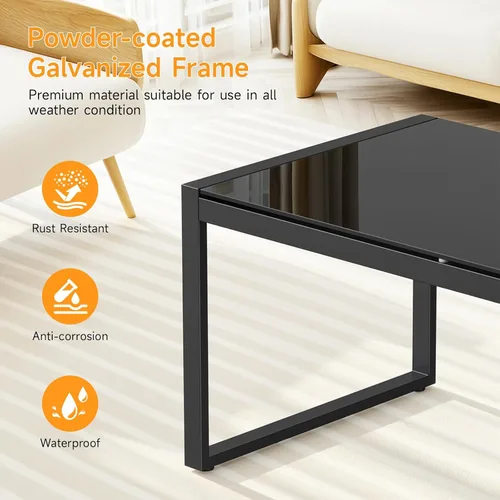 Miniatura 3 de ONBRILL Mesa de café rectangular con escritorio de vidrio templado, mesa de café para exteriores con marco galvanizado y pies ajustables para patio