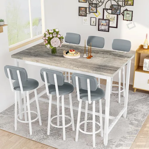 Miniatura 10 de DKLGG Juego de mesa de comedor de 7 piezas, juego de mesa de bar de 50 pulgadas para 6 personas con MDF y marco de metal, comedor alto con 6 sillas