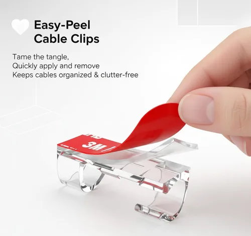 Miniatura 2 de 100 clips adhesivos transparentes para cables, clips de alambre para gestión de cables, abrazadera de alambre para luz, escritorio, pared, TV, PC