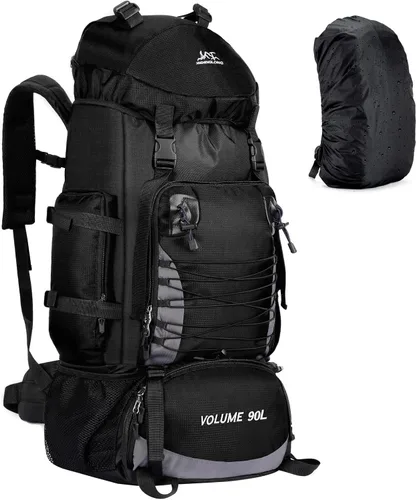 Mochila de senderismo de 90L, bolsa de camping impermeable con cubierta de lluvia, mochila ligera para mochileros, sin marco Negro