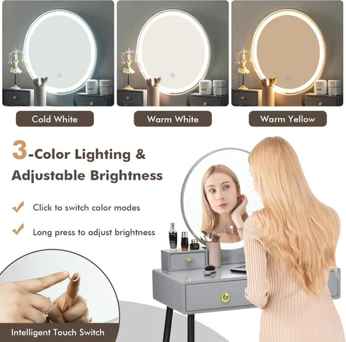 Miniatura 4 de COSTWAY Juego de tocador con espejo y luces, tocador de maquillaje con 3 modos de iluminación de color y brillo ajustable, espejo de tocador