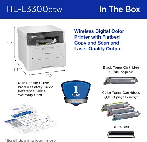 Miniatura 7 de Brother HL-L3300CDW Impresora multifunción digital inalámbrica a color con salida de calidad láser, copia y escaneo, dúplex, móvil Incluye prueba