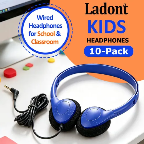 Miniatura 2 de Paquete de 10 auriculares para niños a granel para el aula escolar, auriculares multicolor con cable para estudiantes, auriculares ajustables