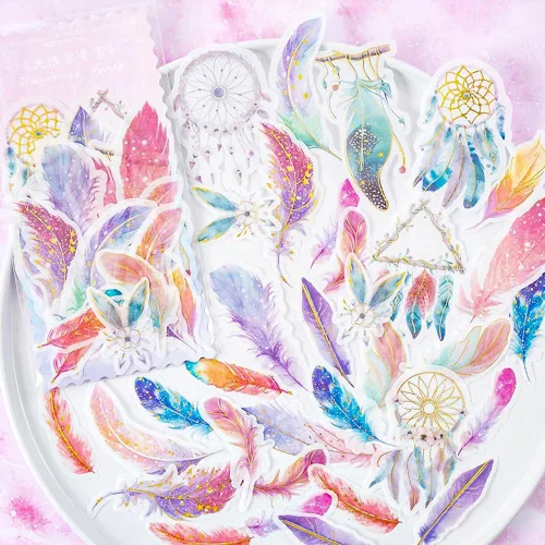 Miniatura 3 de Yoksas 60 calcomanías de plumas bohemias Gypsy Washi – Fantasía de bronce estético, papel japonés, álbum de recortes, calcomanías decorativas