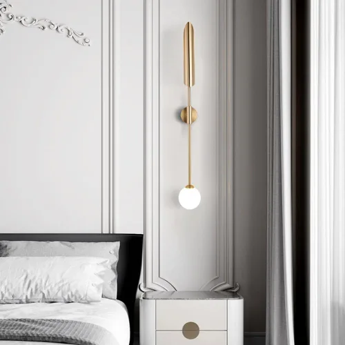 Miniatura 6 de Lámpara de pared de globo de vidrio blanco, lámpara de pared dorada de mediados de siglo, moderna de poste largo, lámpara minimalista de montaje