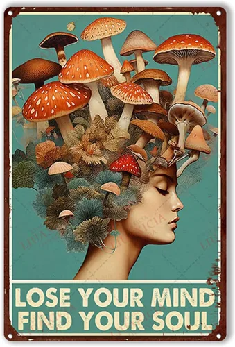 Cartel de hojalata con texto en inglés «Lose Your Mind Find Your Soul Mushrooms Hunters», póster artístico de 8.00 x 12.00 pulgadas