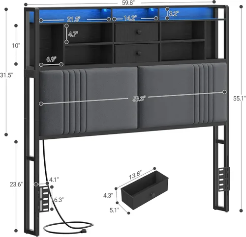 Miniatura 2 de Hzuaneri Cabecera con estantes de almacenamiento de 3 niveles, cabecera tapizada de terciopelo con tomacorriente, 2 puertos USB y luz LED, cabeceros