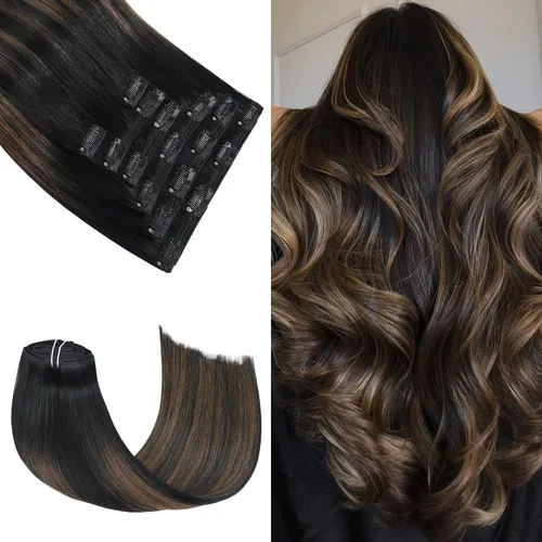 Miniatura 33 de Honsoo Extensiones de cabello humano real de color marrón con pinzas, marrón castaño, 15 pulgadas, 70 g, 7 unidades, cabello lacio sedoso y marrón