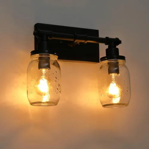 Miniatura 9 de Lámpara de tocador de baño de 2 luces, lámpara de baño negra, aplique de pared industrial de granja con pantallas de vidrio, lámpara de tocador