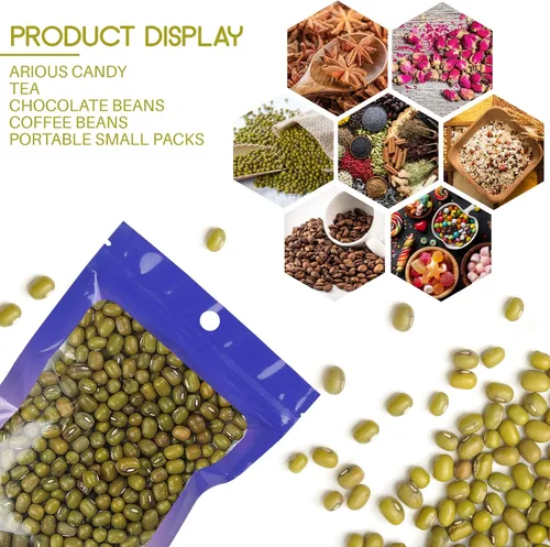 Miniatura 27 de 120 bolsas de tereftalato de polietileno a prueba de olores, bolsa de embalaje holográfica resellable con ventana transparente para alimentos