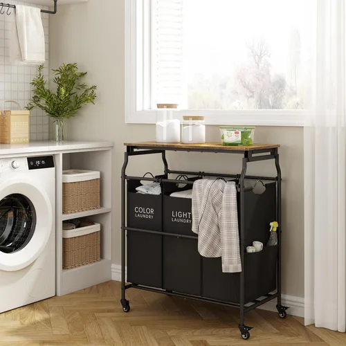 Miniatura 5 de Hoctieon Carrito clasificador de ropa de 3 secciones con tabla de planchar, cesta de lavandería con estante y ruedas rodantes, organizador de cesta