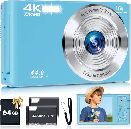 Miniatura 12 de Cámara digital, cámara digital FHD 4K 44MP con enfoque automático con tarjeta SD de 64GB, zoom digital 16X, cámaras doradas para fotografía, cámara
