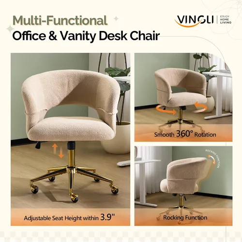 Miniatura 5 de VINGLI Silla Moderna Curvada de Oficina y Tocador, Bonita Silla Tapizada con Tachuelas con Ruedas y Giro de 360° y Club y Reclinable y Base Dorada