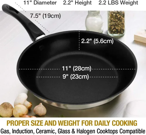 Miniatura 6 de HOMICHEF Sartén antiadherente de 11 pulgadas, la mejor sartén para tortilla con tapa de vidrio, acero inoxidable sin níquel, compatible