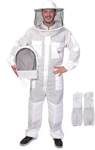 Traje de abeja ultra ventilado de 3 capas para hombres y mujeres, traje de apicultura prémium con guantes de abeja y dos velos de apicultura Blanco