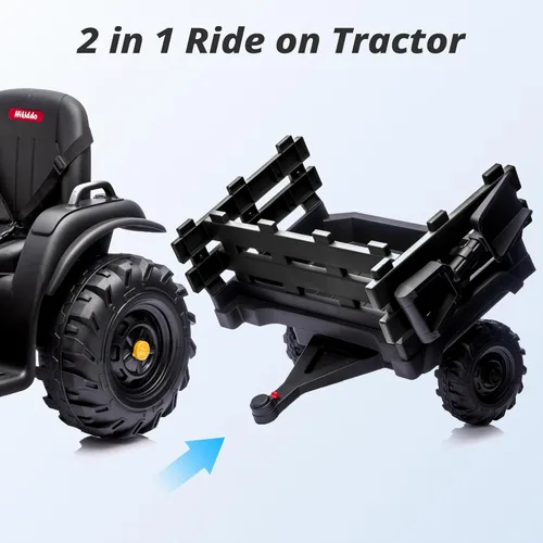 Miniatura 6 de Hikiddo Juguete tractor de paseo para niños de 24 V, tractor eléctrico para niños de 3 a 8 años con remolque, motores de 2 x 200 W, color negro