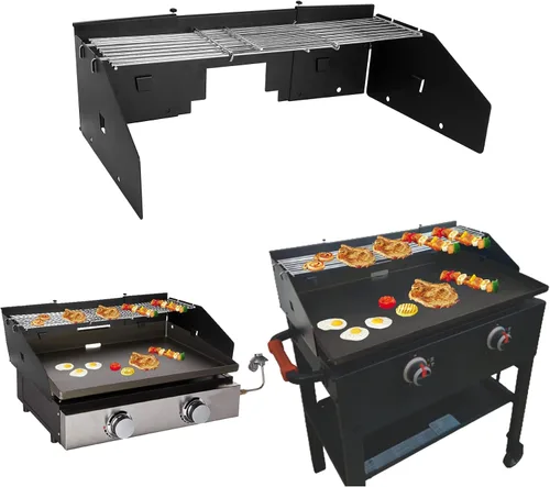 Juego de Protector de Viento Ajustable y Rejilla de Calentamiento para Parrilla de 22" a 28" con Grasa Trasera, Negro, Metal
